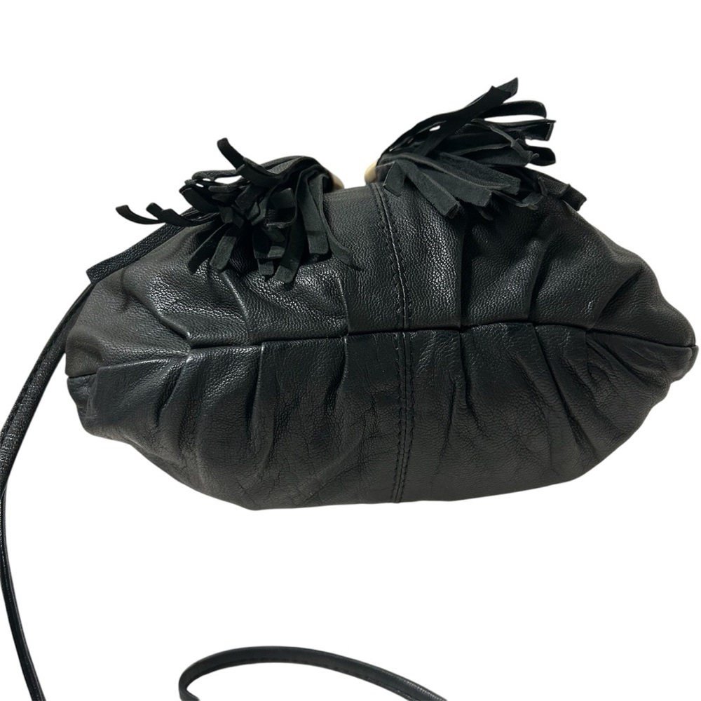 TopShop Real Leather Bucket Crossbody Bag with Tassels Grayish Black Color - Picture 4 of 8